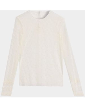 Alberta Ferretti Lace-Trim Dotted Tulle Long-Sleeve Blouse - White
