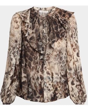 Ramy Brook Star Snakeskin-Print Satin Blouse - Brown