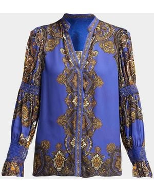 Alice + Olivia Ilan Smocked-Sleeve Blouse - Blue