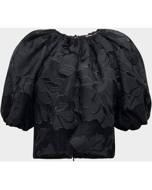 Lela Rose Floral Embroidered Short-Sleeve Bubble Top - Black
