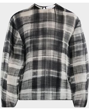 Brandon Maxwell Briggs Fur-Print Balloon-Sleeve Silk Blouse - Gray