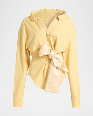 Area Satin Knot Oxford Button-Down Shirt - Yellow