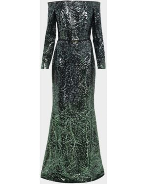 Elie Saab Off-The-Shoulder Ombre Sequined Long-Sleeve Gown - Green