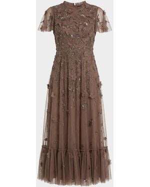 Mac Duggal Sequin Floral Applique Tulle Midi Dress - Brown