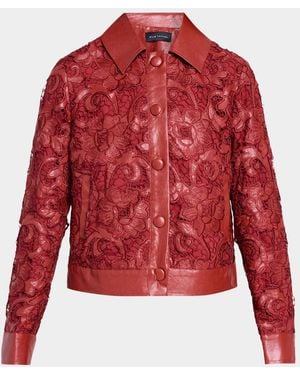 Tahari Chayenne Guipure Lace &Amp; Faux-Leather Crop Jacket - Red
