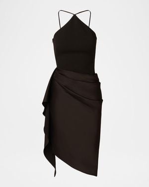 Aidan Mattox Draped High-Low Halter Midi Dress - Black