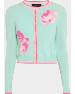 Teri Jon Cropped Floral Knit Cardigan - Blue