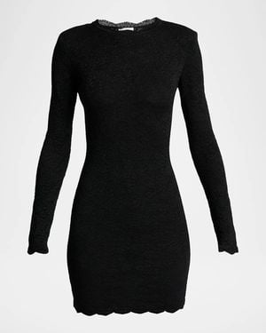 Saint Laurent Floral Lace Knit Long-Sleeve Mini Dress - Black
