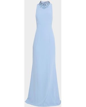 Teri Jon Beaded Mock-Neck Crepe Trumpet Gown - Blue