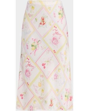 LoveShackFancy Castle Silky Fruit Print Midi Skirt - Pink