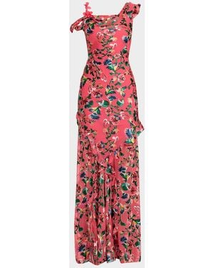 Saloni Seema Floral Silk Chiffon Maxi Dress - Red