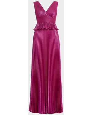 Dress the Population Black Label Liliana Pleated Metallic Satin Peplum Gown - Purple
