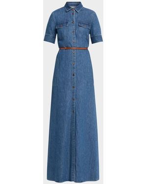 Lafayette 148 New York Belted Cotton Chambray Maxi Shirtdress - Blue
