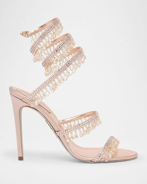 Rene Caovilla Chandelier Satin Snake Ankle Wrap Sandals - Natural