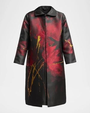 Misook Metallic Floral Jacquard Longline Jacket - Red