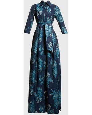 Teri Jon Belted Jacquard Shirtdress Gown - Blue