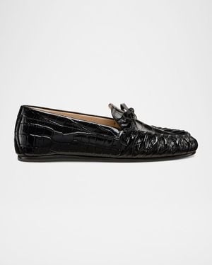 Stuart Weitzman Britt Croc-Embossed Leather Bow Loafers - Black