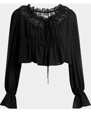 Chloé Ruched Lace Silk Peasant Blouse - Black
