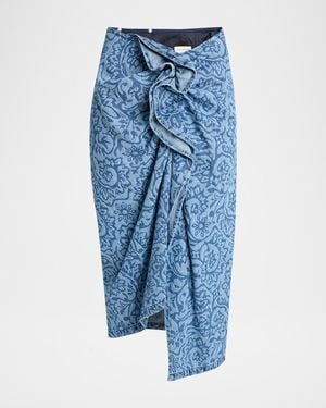 Dries Van Noten Sinas Floral Denim Ruffle Midi Skirt - Blue