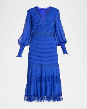 Tadashi Shoji Pleated Chiffon & Lace Bishop-Sleeve Dress - Blue