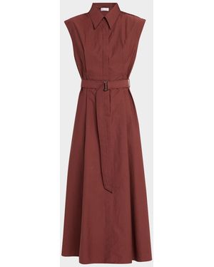 Brunello Cucinelli Crispy Diagonal Cotton Belted Midi Shirtdress - Red