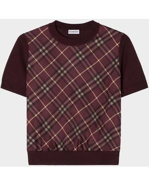 Burberry Sandrina Check Panel Wool-Silk T-Shirt - Red