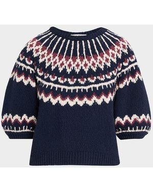 Autumn Cashmere Puff-Sleeve Fair Isle Sweater - Blue