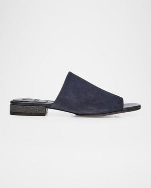 Brunello Cucinelli Suede Slide Sandals With Monili Heel - Blue
