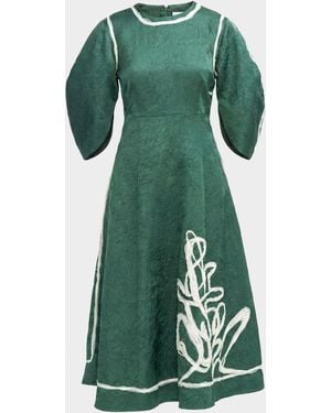 LOVEBIRDS Roselle Embroidered Puff-Sleeve Midi Dress - Green