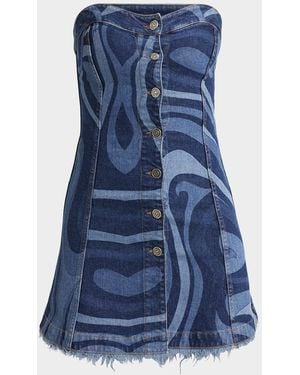 PUCCI Strapless Marmo-Print Denim Button-Front Mini Dress - Blue