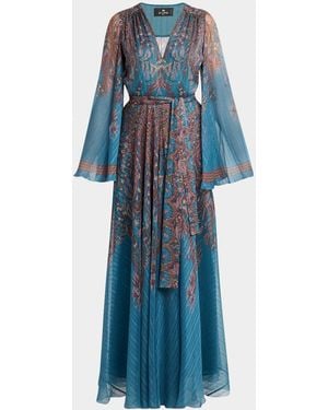 Etro Floral Paisley Silk Boho Gown - Blue