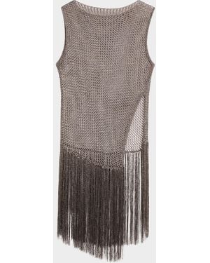 LAPOINTE Asymmetric Metallic Net Knit Fringed Tank Top - Brown