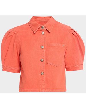 Cinq À Sept Halsie Puff-Sleeve Stretch-Cotton Denim Crop Shirt - Orange