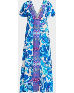 Johnny Was Embroidered Floral-Print Midi Dress - Blue