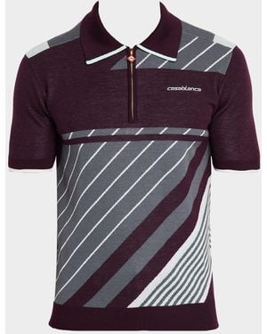 CASABLANCA Merino Wool Diagonal Knit Quarter-Zip Tennis Polo Shirt - Purple