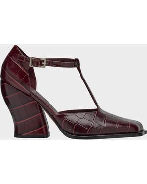 Loewe Onda Croc-Embossed Leather T-Bar Pumps - Brown