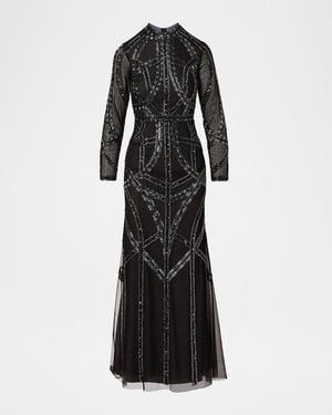 Aidan Mattox Beaded Dotted Mesh Gown - Black
