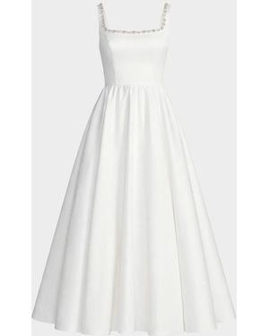 Mac Duggal Beaded Satin A-Line Midi Dress - White