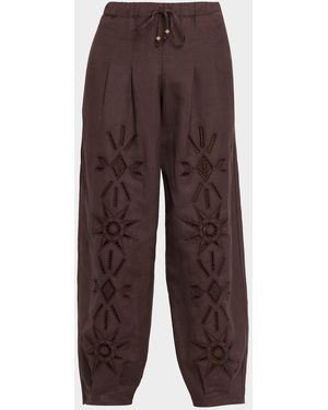Johnny Was Lysander Eyelet-Embroidered Barrel Crop Pants - Brown