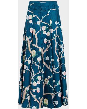 Gabriela Hearst Dugald Floral Pleated Ankle Skirt With Belt - Blue