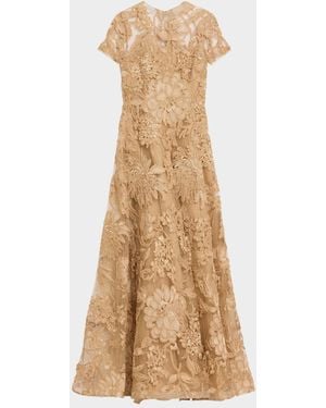 Naeem Khan Floral Raffia Short-Sleeve Gown - Natural