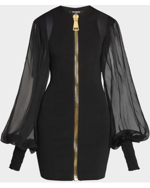Balmain Tweed Chiffon-Sleeve Jacket - Black