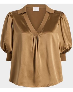 Cinq À Sept Weldon Collared V-Neck Short-Sleeve Silk Combo Top - Brown