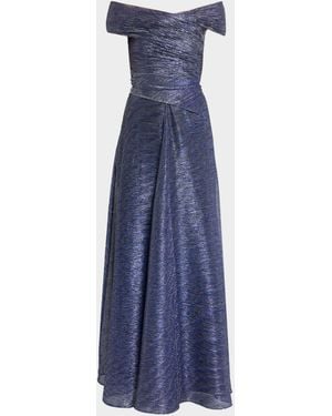 Talbot Runhof Off-The-Shoulder Metallic Voile Long Dress - Blue