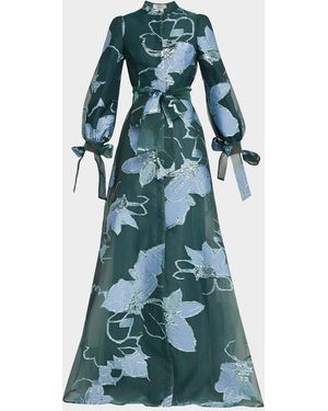 Teri Jon Floral Metallic Jacquard Shirt Gown - Green