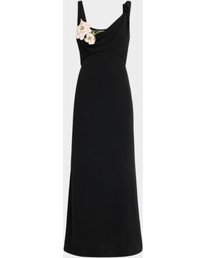 Lela Rose 3D Peony Embroidered Fluid Crepe Twist Detail Dress - Black