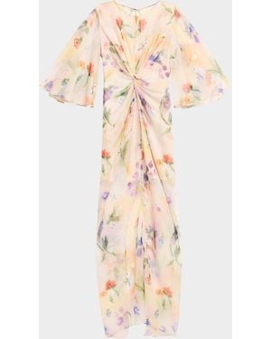Prabal Gurung Flutter Sleeve Floral Silk Gathered Dress - Natural