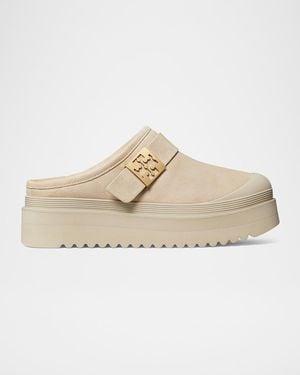 Tory Burch Mellow Suede Shearling Buckle Platform Loafer Mules - Natural