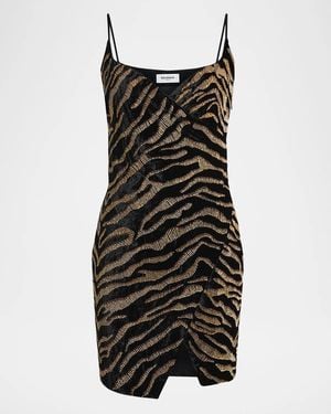 Balmain Sleeveless Tiger Embroidered Velvet Mini Wrap Dress - Black