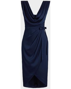 THEIA Stephanie Satin Wrap Midi Cocktail Dress - Blue